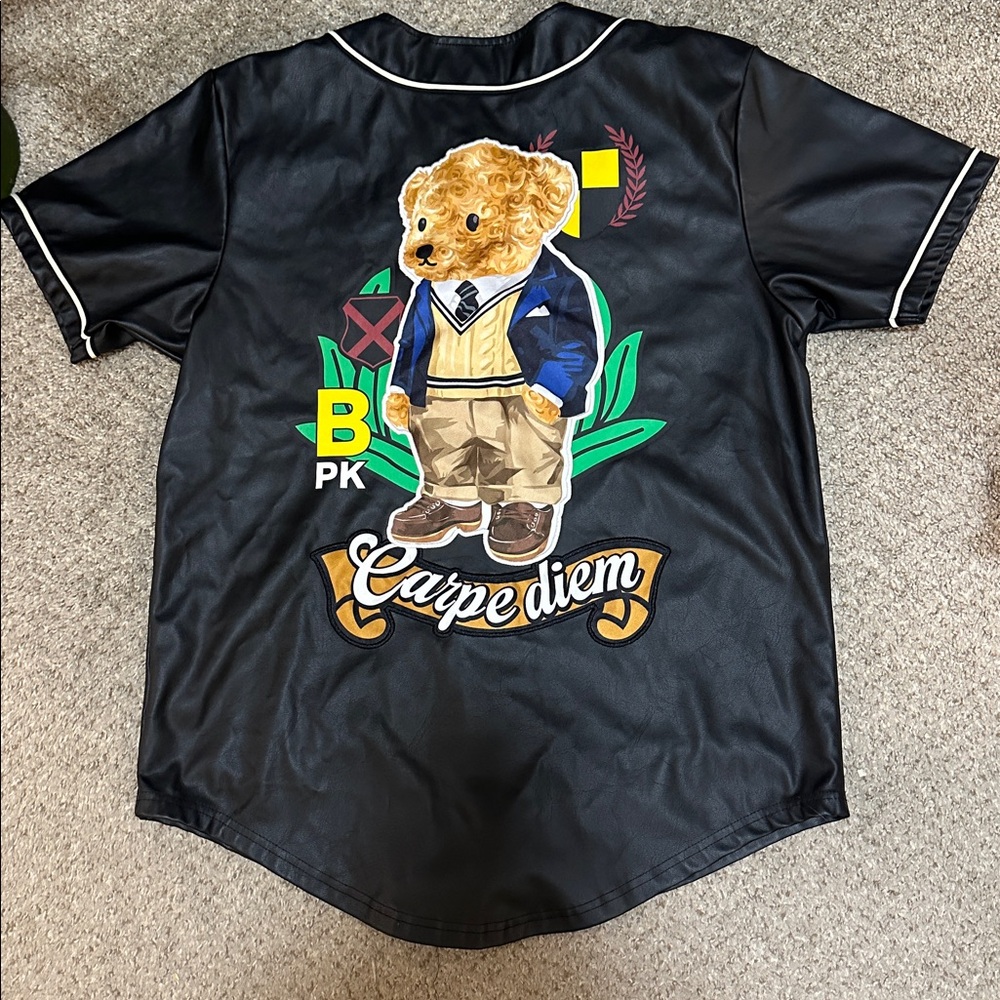 Black Pike Faux Leather Teddy Bear Baseball Jersey Carpe Diem Streetwear Size M - Picture 6 of 9